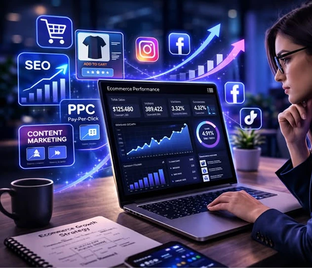Gestión estratégica de redes sociales en Perú | Digimedia Ilustración de gestión profesional de redes sociales desde una computadora